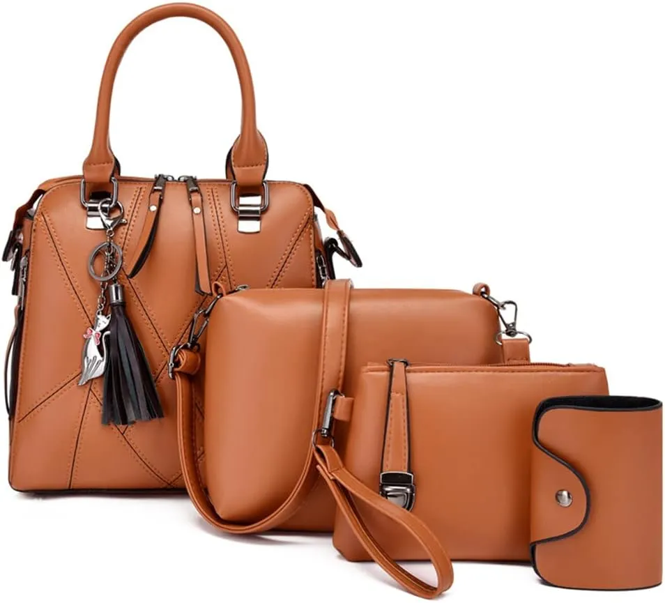 Women Handbags Purses Set 4pcs Leather Shoulder Top Handle Satchels with Pendant (Pink)