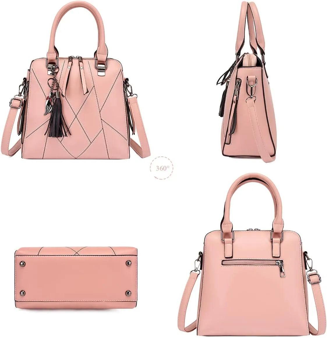 Women Handbags Purses Set 4pcs Leather Shoulder Top Handle Satchels with Pendant (Pink)