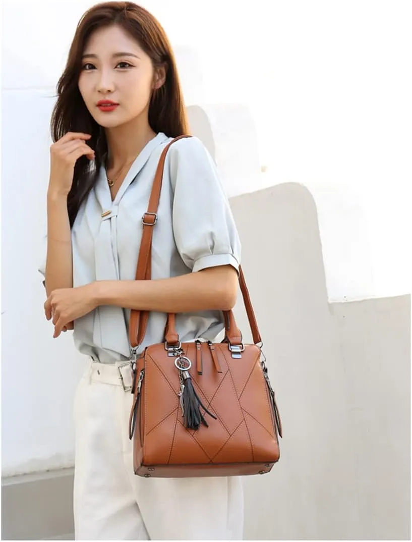 Women Handbags Purses Set 4pcs Leather Shoulder Top Handle Satchels with Pendant (Pink)