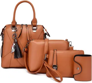 Women Handbags Purses Set 4pcs Leather Shoulder Top Handle Satchels with Pendant (Pink)
