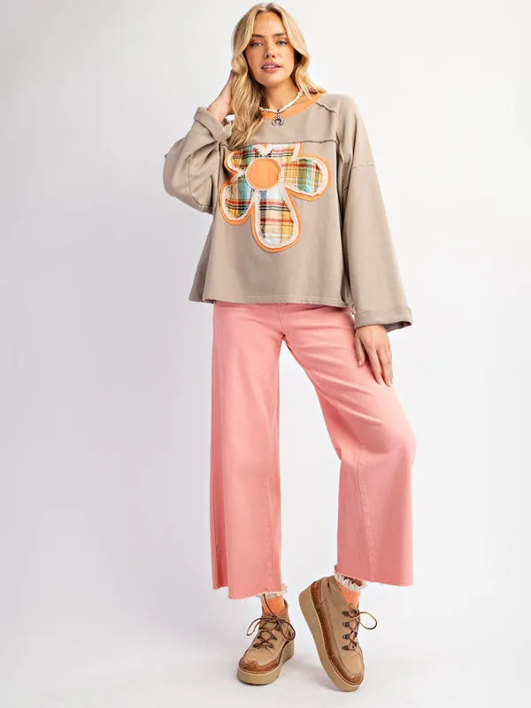 Women's Colorblock Floral Patch Top Casual Loose Sweatshirt