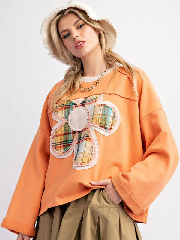 Women's Colorblock Floral Patch Top Casual Loose Sweatshirt