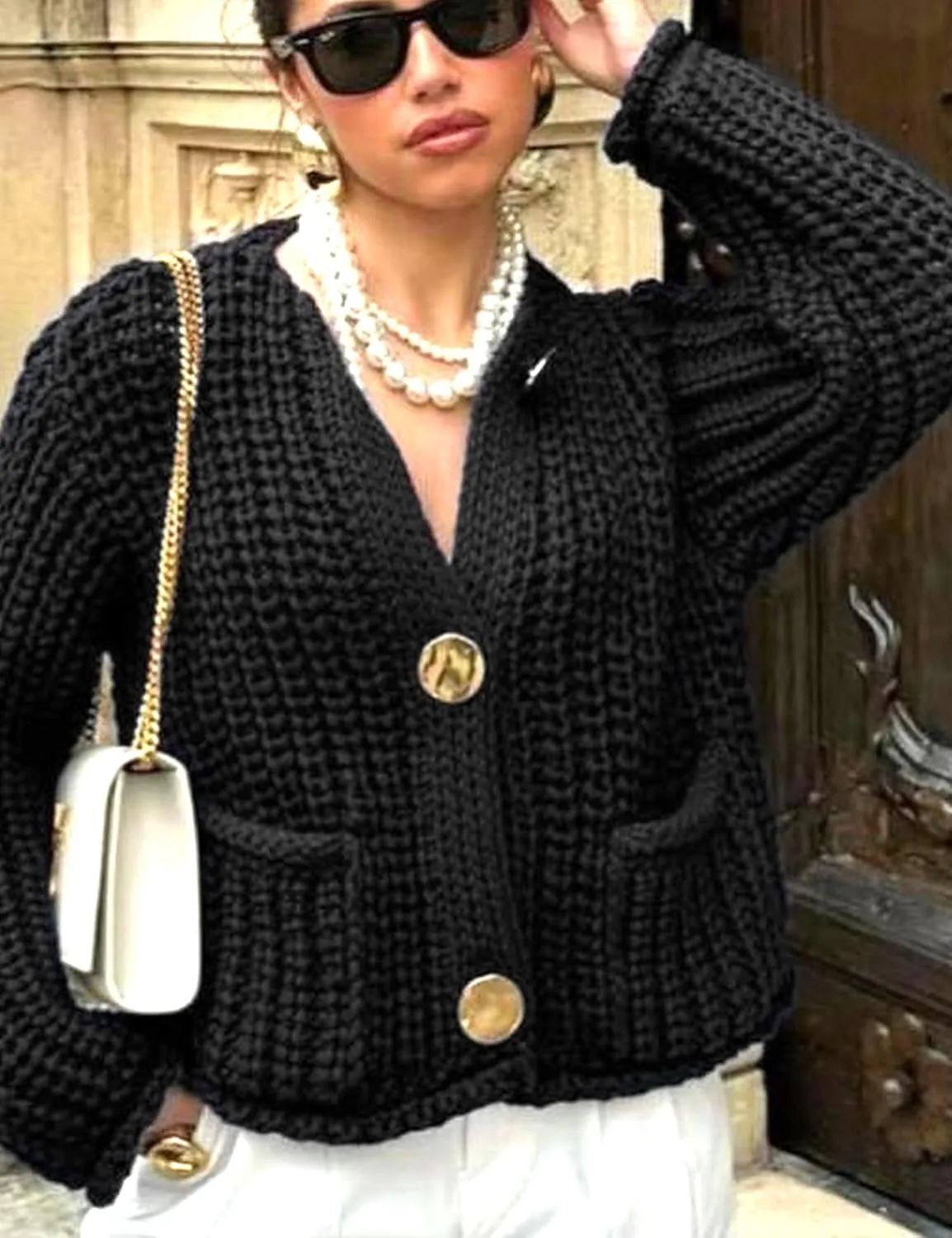 Womens Fall Chunky Knit Cardigan Gold Button Down Long Sleeve Crop Crochet Sweater