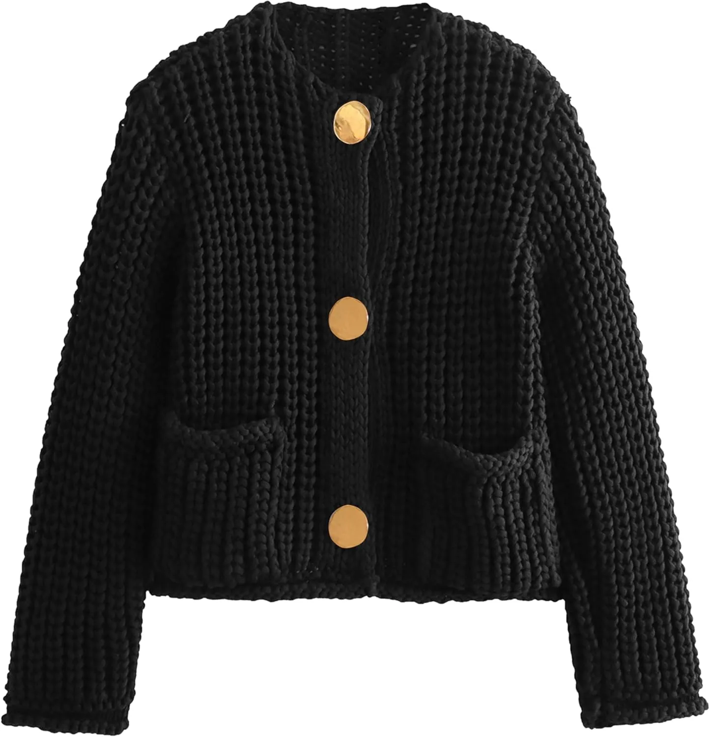 Womens Fall Chunky Knit Cardigan Gold Button Down Long Sleeve Crop Crochet Sweater