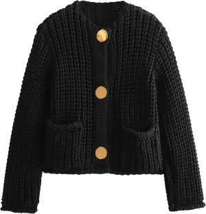 Womens Fall Chunky Knit Cardigan Gold Button Down Long Sleeve Crop Crochet Sweater