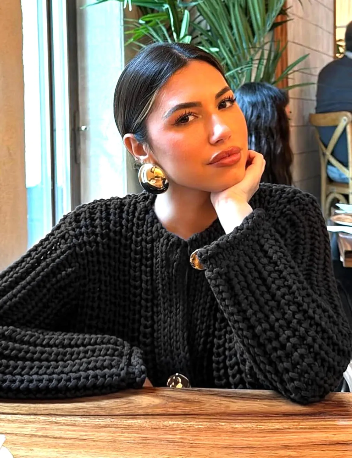 Womens Fall Chunky Knit Cardigan Gold Button Down Long Sleeve Crop Crochet Sweater