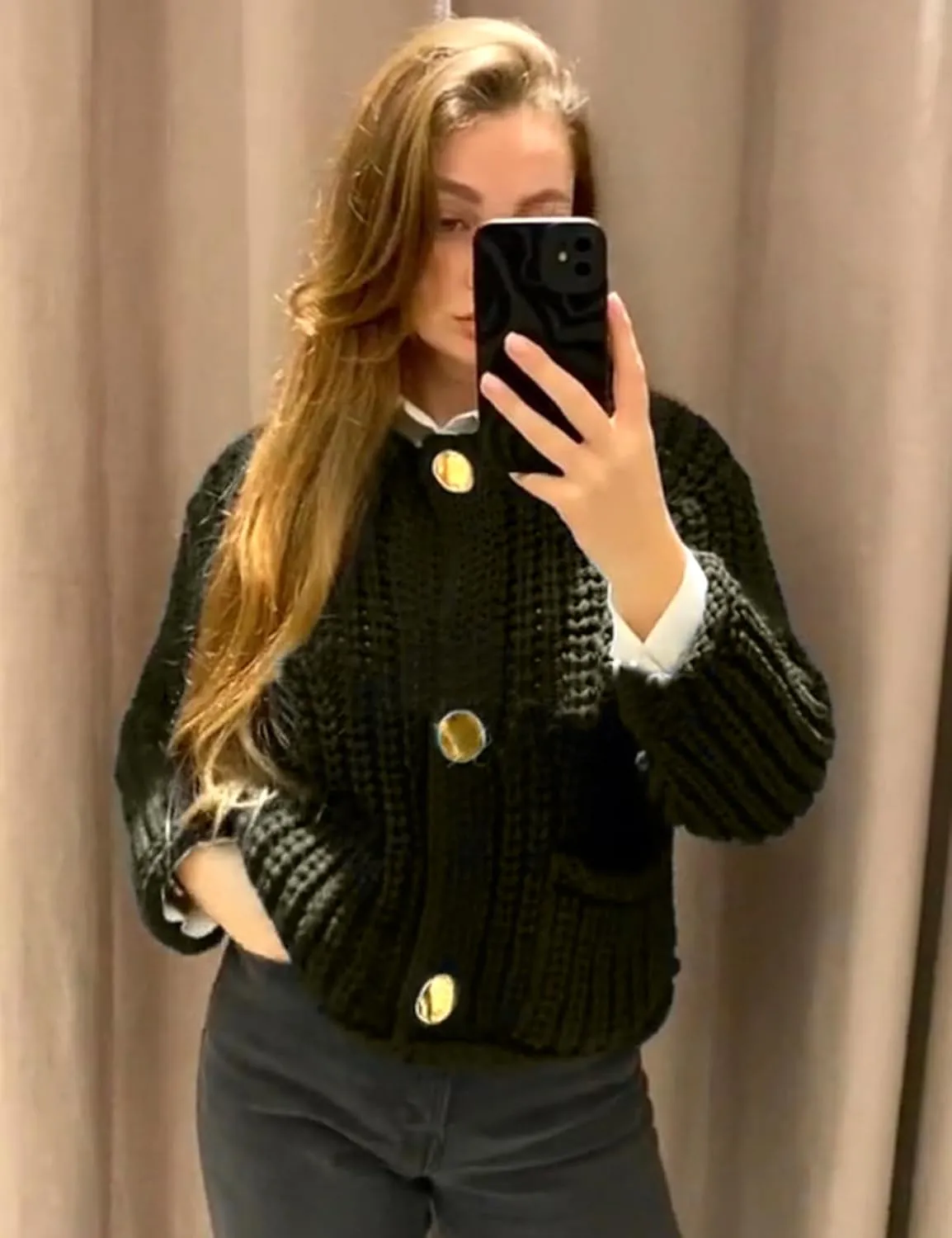 Womens Fall Chunky Knit Cardigan Gold Button Down Long Sleeve Crop Crochet Sweater