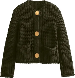 Womens Fall Chunky Knit Cardigan Gold Button Down Long Sleeve Crop Crochet Sweater