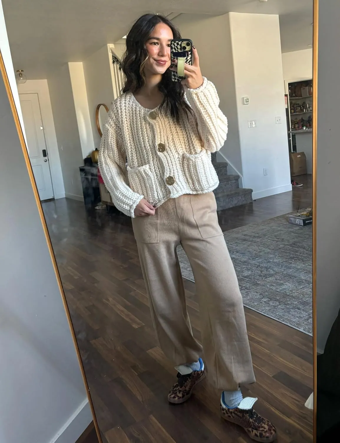 Womens Fall Chunky Knit Cardigan Gold Button Down Long Sleeve Crop Crochet Sweater