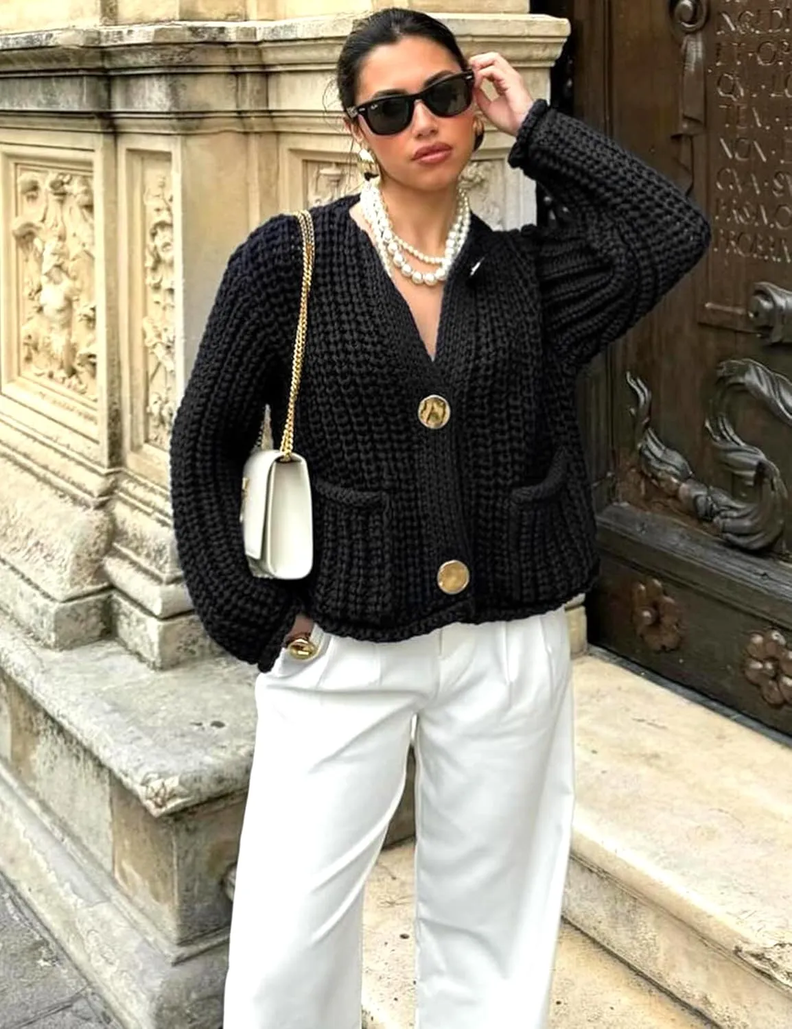 Womens Fall Chunky Knit Cardigan Gold Button Down Long Sleeve Crop Crochet Sweater