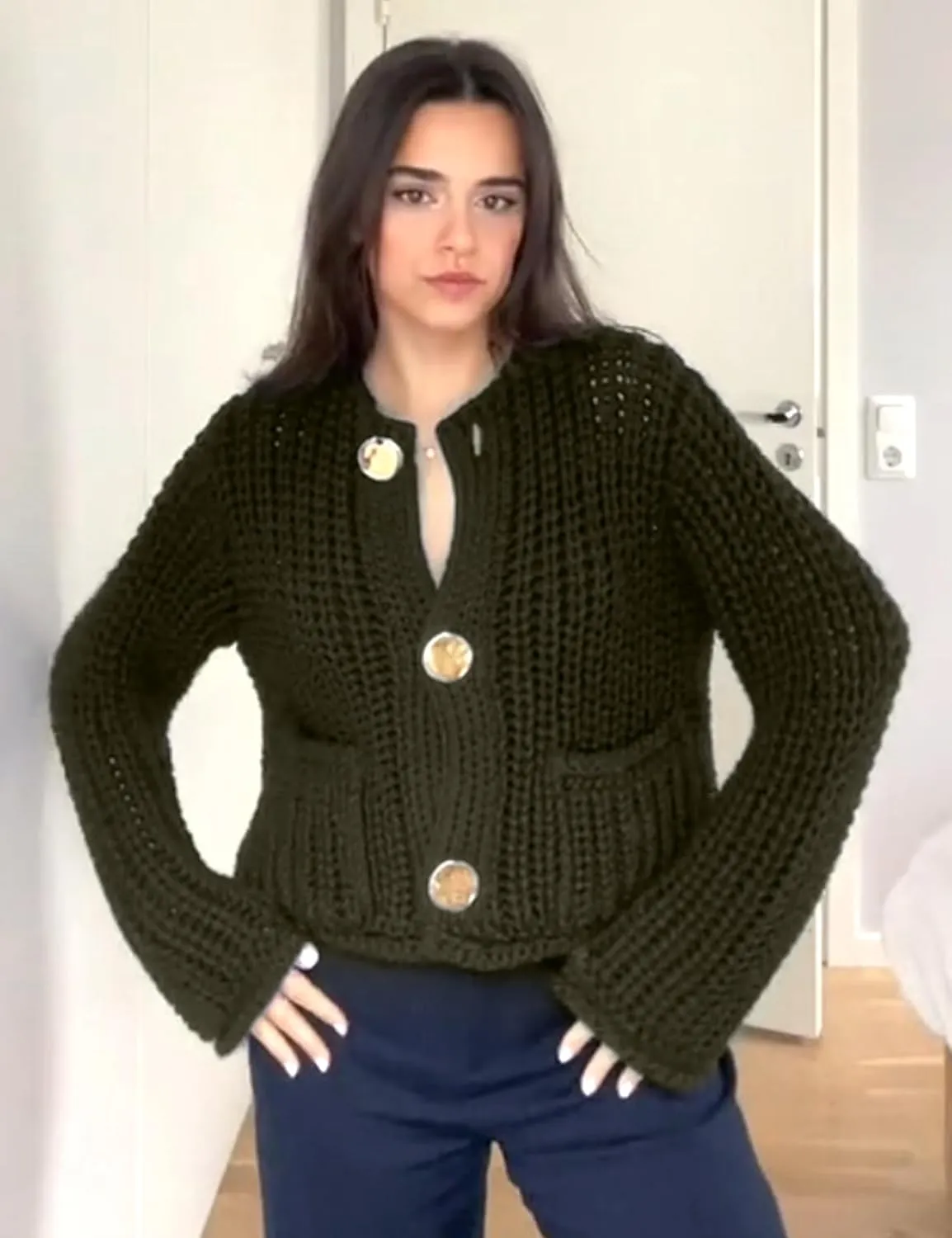 Womens Fall Chunky Knit Cardigan Gold Button Down Long Sleeve Crop Crochet Sweater