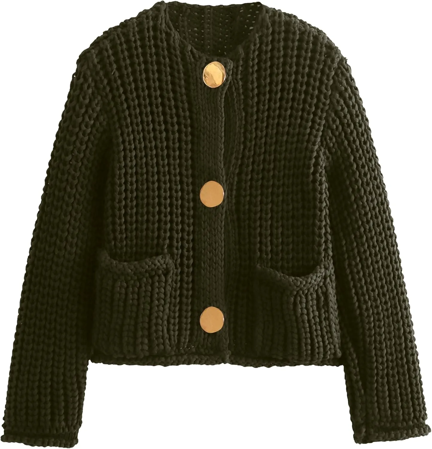 Womens Fall Chunky Knit Cardigan Gold Button Down Long Sleeve Crop Crochet Sweater