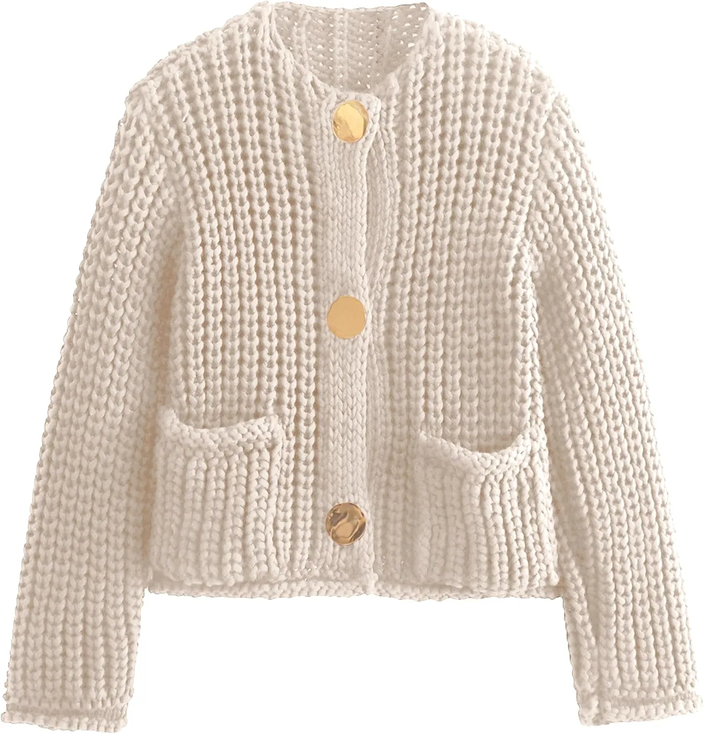 Womens Fall Chunky Knit Cardigan Gold Button Down Long Sleeve Crop Crochet Sweater