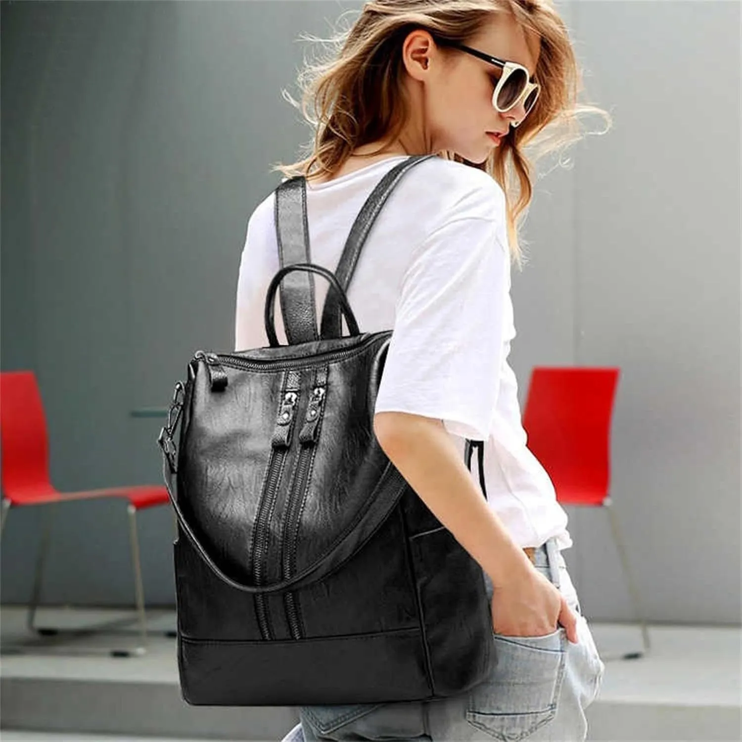 Women's Fashion Backpack Faux PU Shoulder Bag Multifunctional Casual Travel Bag Fanny Packs (Black, One Size)