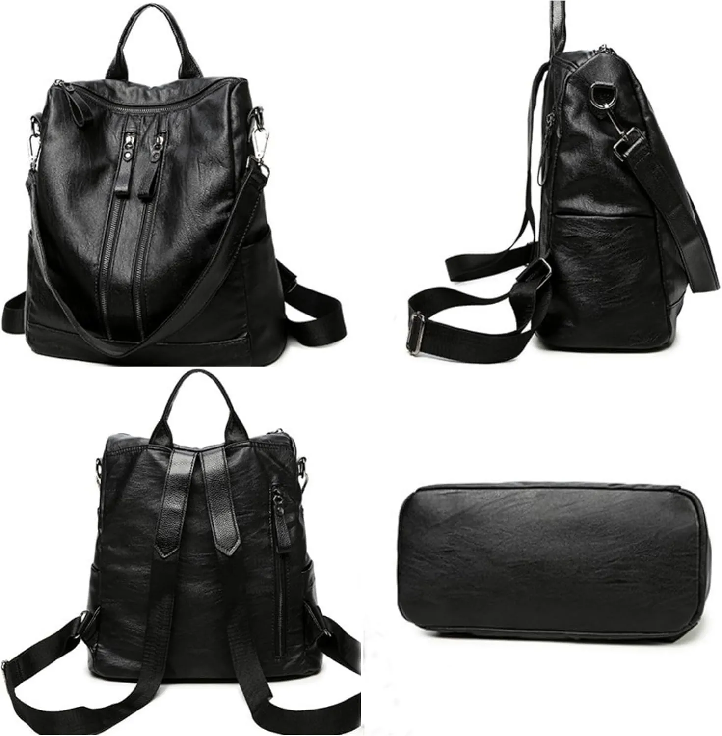 Women's Fashion Backpack Faux PU Shoulder Bag Multifunctional Casual Travel Bag Fanny Packs (Black, One Size)