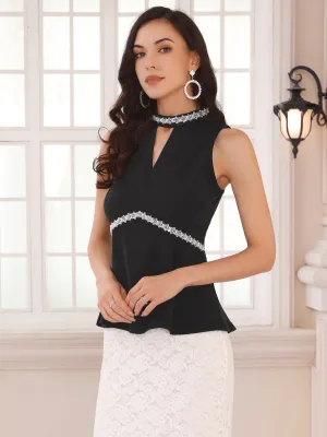 Women's Halter Tops Beaded Mock Neck Keyhole Sleeveless Cocktail Peplum Blouse