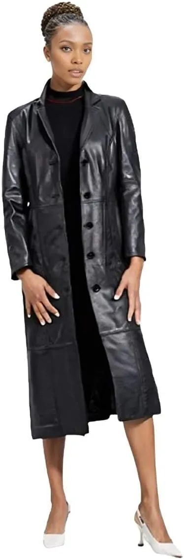 Womens Long Coat | Real Lambskin Leather, Black Classic Style, Trench, Overcoat