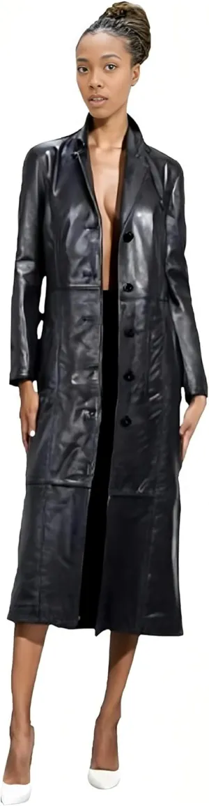Womens Long Coat | Real Lambskin Leather, Black Classic Style, Trench, Overcoat