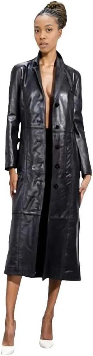 Womens Long Coat | Real Lambskin Leather, Black Classic Style, Trench, Overcoat