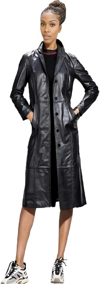 Womens Long Coat | Real Lambskin Leather, Black Classic Style, Trench, Overcoat
