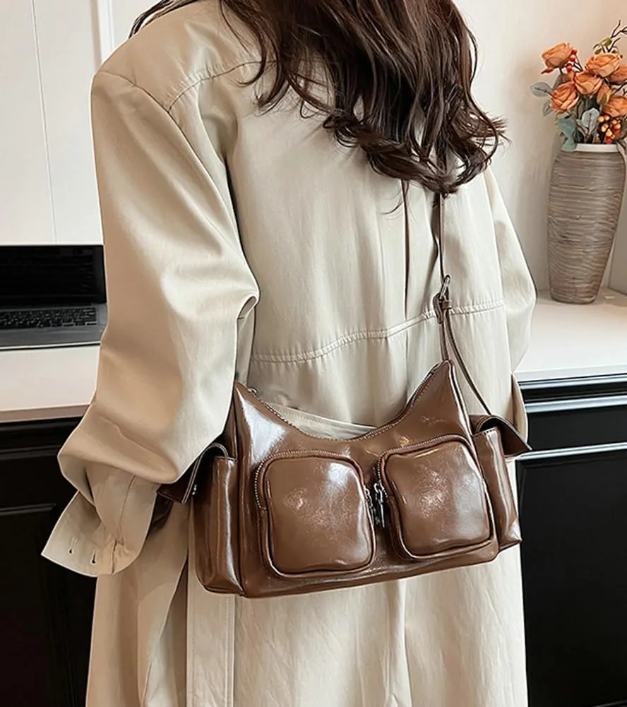 Women's Multi Pocket Shoulder Bag Y2k Vegan Leather Handbags Trendy Crossbody Purse Small Tote Satchels