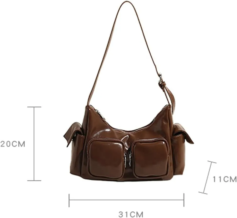 Women's Multi Pocket Shoulder Bag Y2k Vegan Leather Handbags Trendy Crossbody Purse Small Tote Satchels