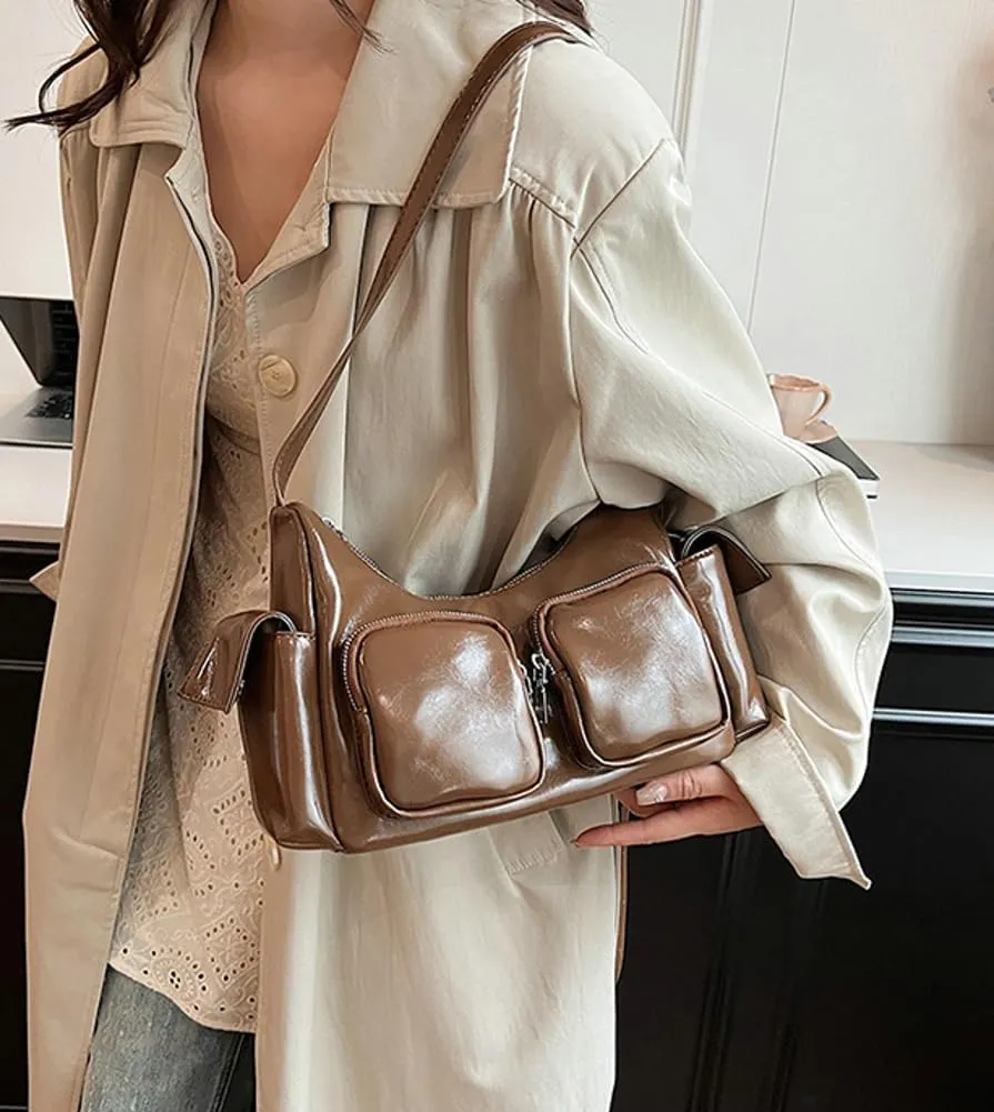 Women's Multi Pocket Shoulder Bag Y2k Vegan Leather Handbags Trendy Crossbody Purse Small Tote Satchels