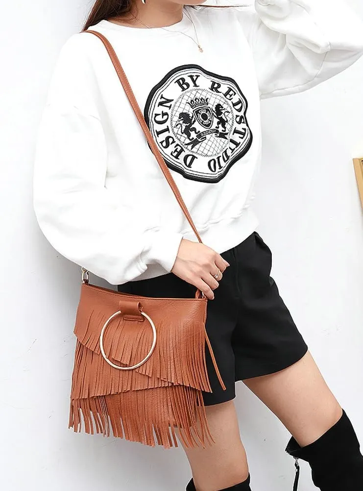 Women's PU Leather Crossbody Shoulder Bag Fringe Purse Tassel Vintage Small Tote Handbag Messenger Bag Satchels
