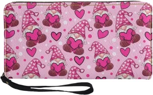 Women's Stylish Long Wallet with Wristlet Zip Around Wallet Valentine's Day Pink Gnome Love Heart Print PU Leather Long Purse Waterproof Coin Pocket for Business Travel Shopping