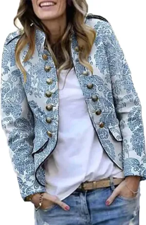 Women's Vintage Floral Print Button Open Front Blazers Casual Long-Sleeved Small high-Neck Work Suit Jacket