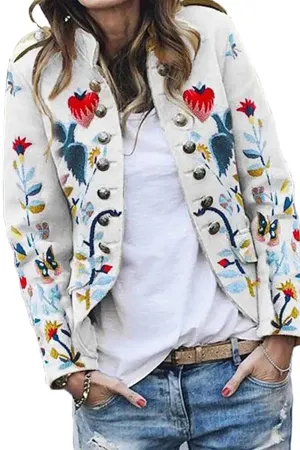 Women's Vintage Floral Print Button Open Front Blazers Casual Long-Sleeved Small high-Neck Work Suit Jacket