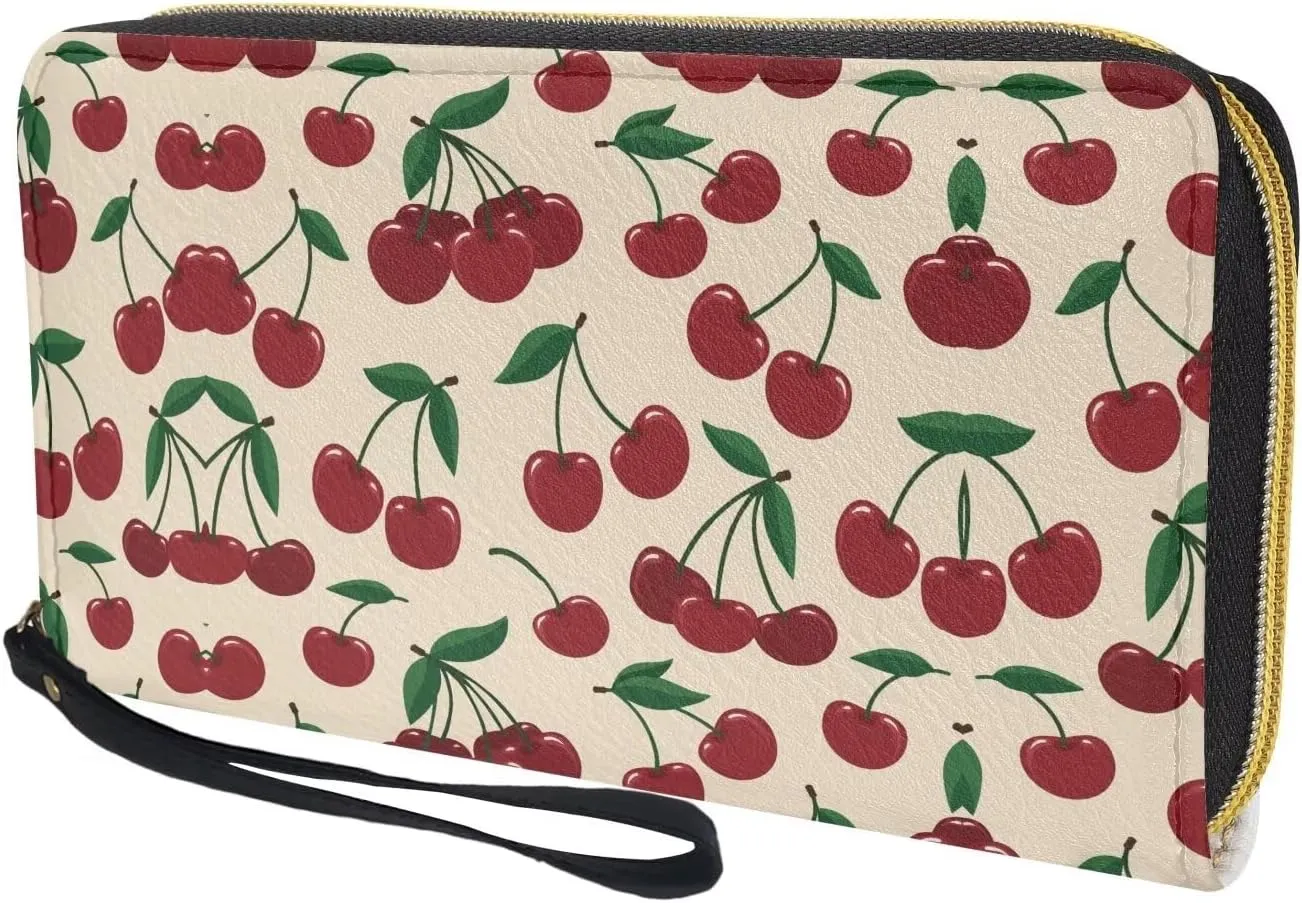 Women's Zip Around Wallet Wristlet PU Leather Waterproof Durable Clutch Wallet with Vintage Cherry Print Large Capacity Credit Card Holder Travel Business Dating Coin,Cash Pocket