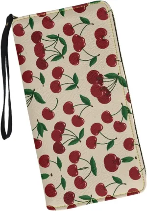 Women's Zip Around Wallet Wristlet PU Leather Waterproof Durable Clutch Wallet with Vintage Cherry Print Large Capacity Credit Card Holder Travel Business Dating Coin,Cash Pocket