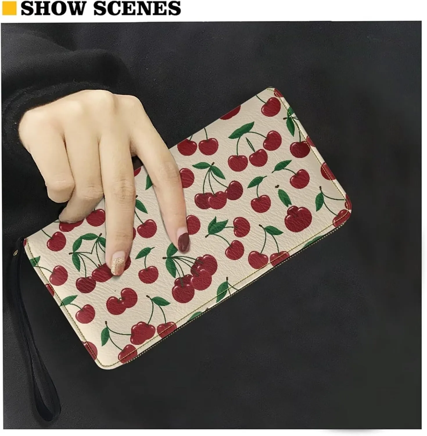 Women's Zip Around Wallet Wristlet PU Leather Waterproof Durable Clutch Wallet with Vintage Cherry Print Large Capacity Credit Card Holder Travel Business Dating Coin,Cash Pocket