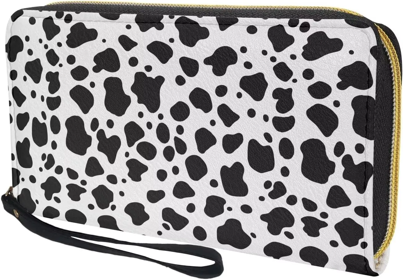 Women's Zip Long Wallet Wristlet Card Holder Organizer Large Capacity Waterproof Ladies Clutch Purse Black and White Cow Spot Pattern Convenient Stylish Travel,Shopping,Dating Coin Pocket