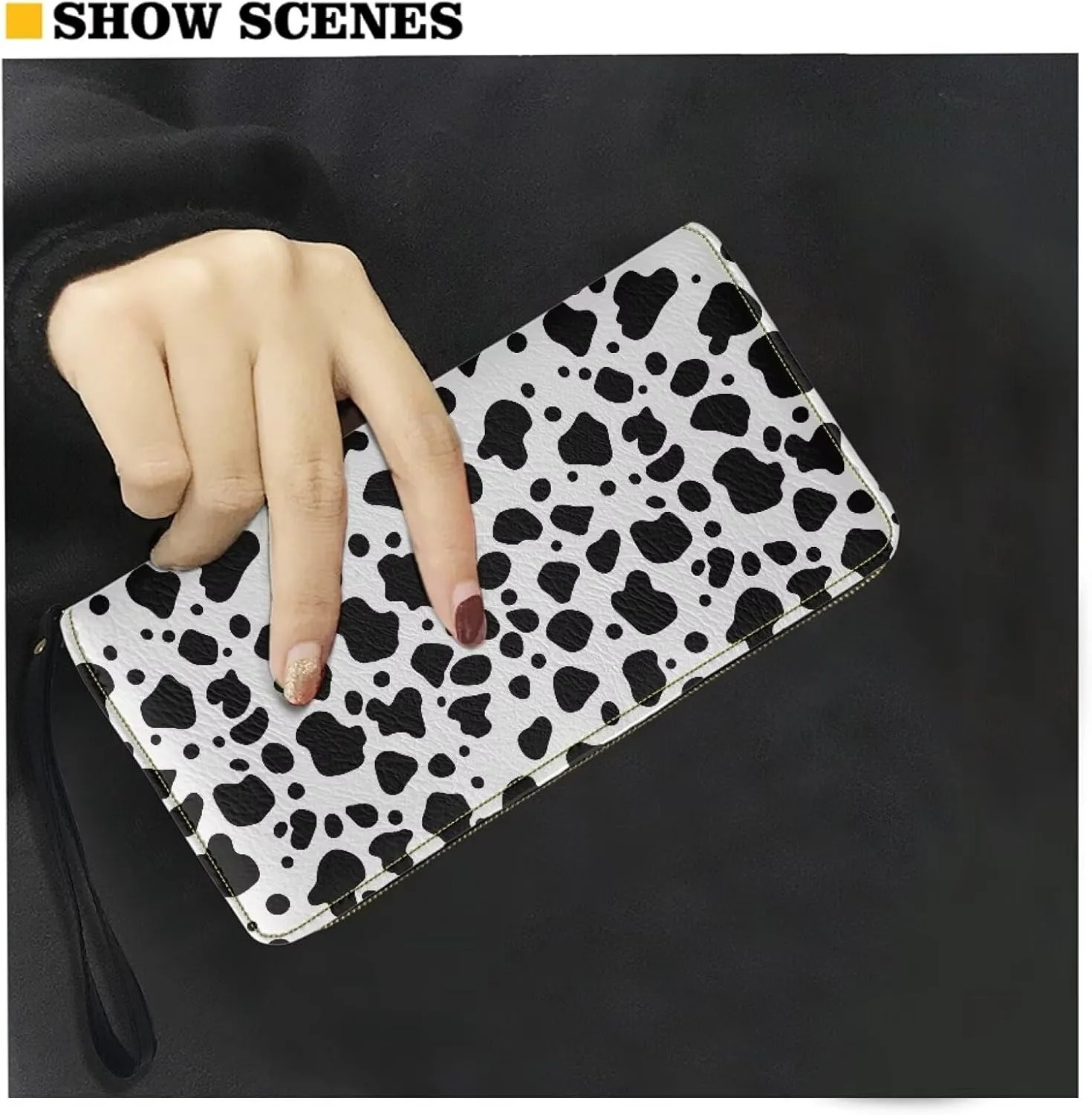 Women's Zip Long Wallet Wristlet Card Holder Organizer Large Capacity Waterproof Ladies Clutch Purse Black and White Cow Spot Pattern Convenient Stylish Travel,Shopping,Dating Coin Pocket