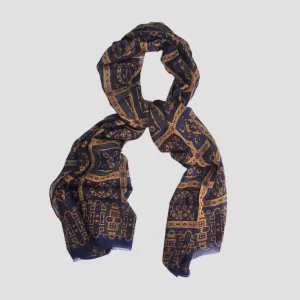 Wool Silk Mosaic of Medallions Scarf in Blue, Ochre, Green & Brown