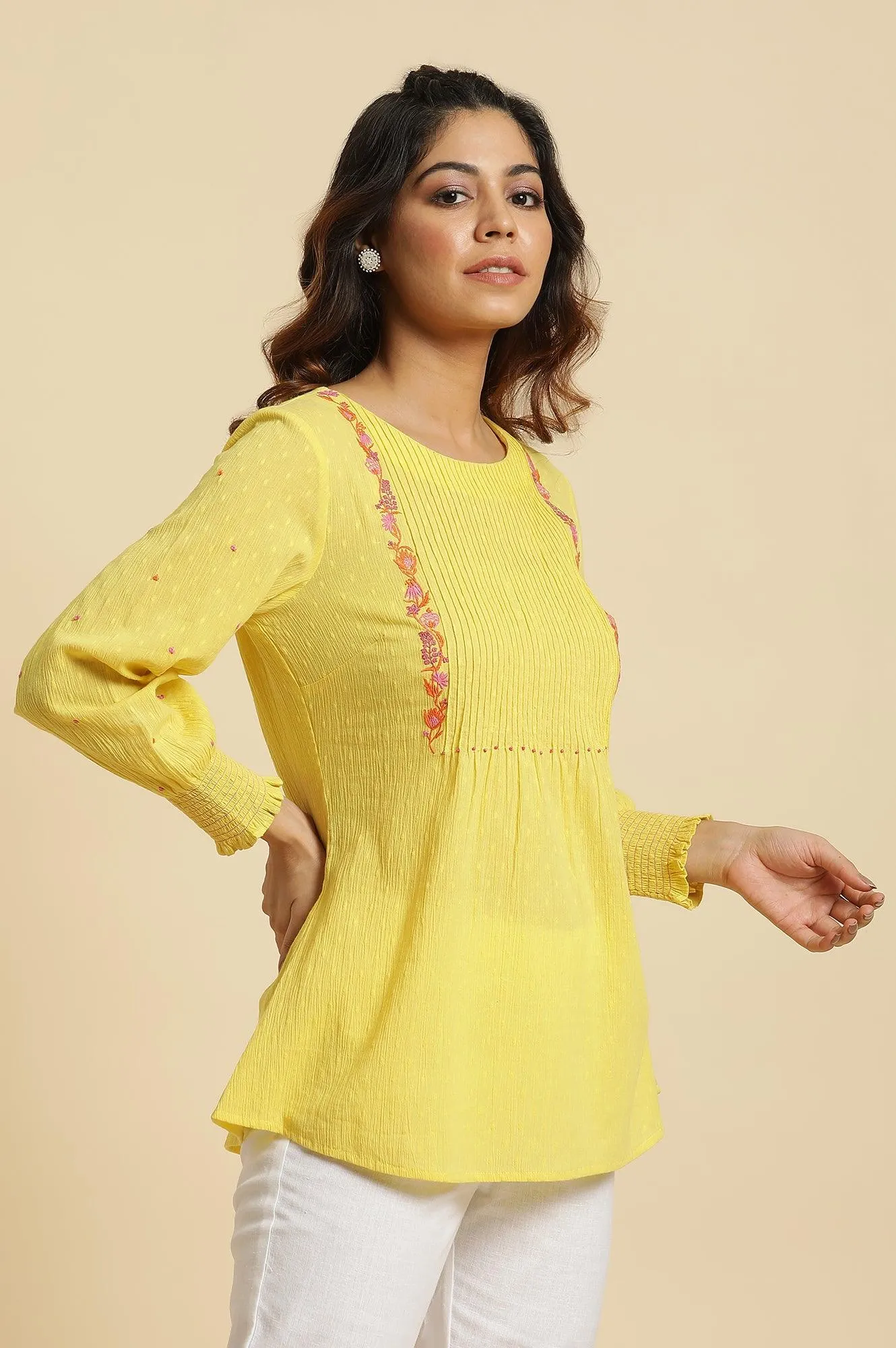 Yellow Embroidered Pintuck Top