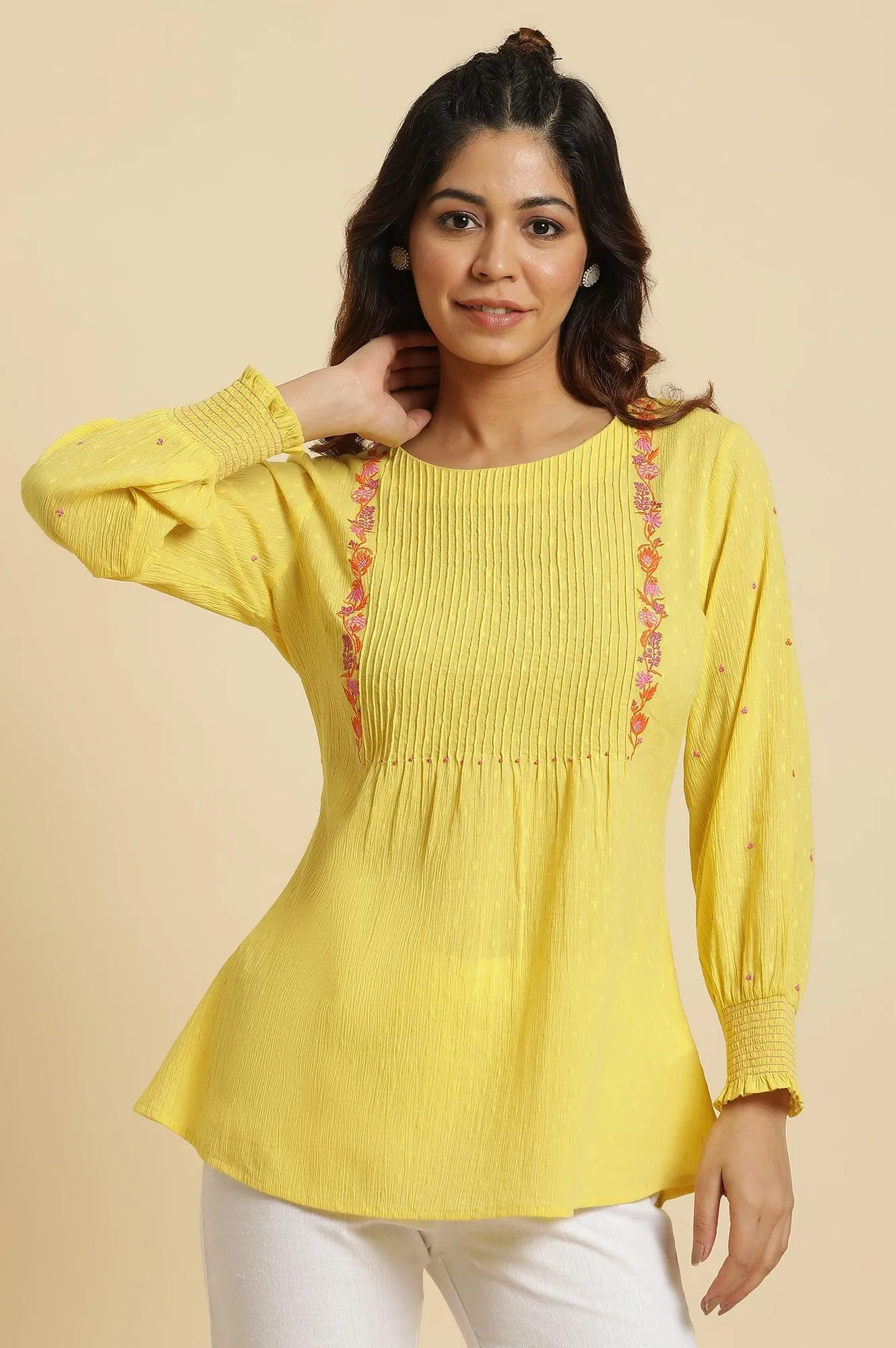 Yellow Embroidered Pintuck Top