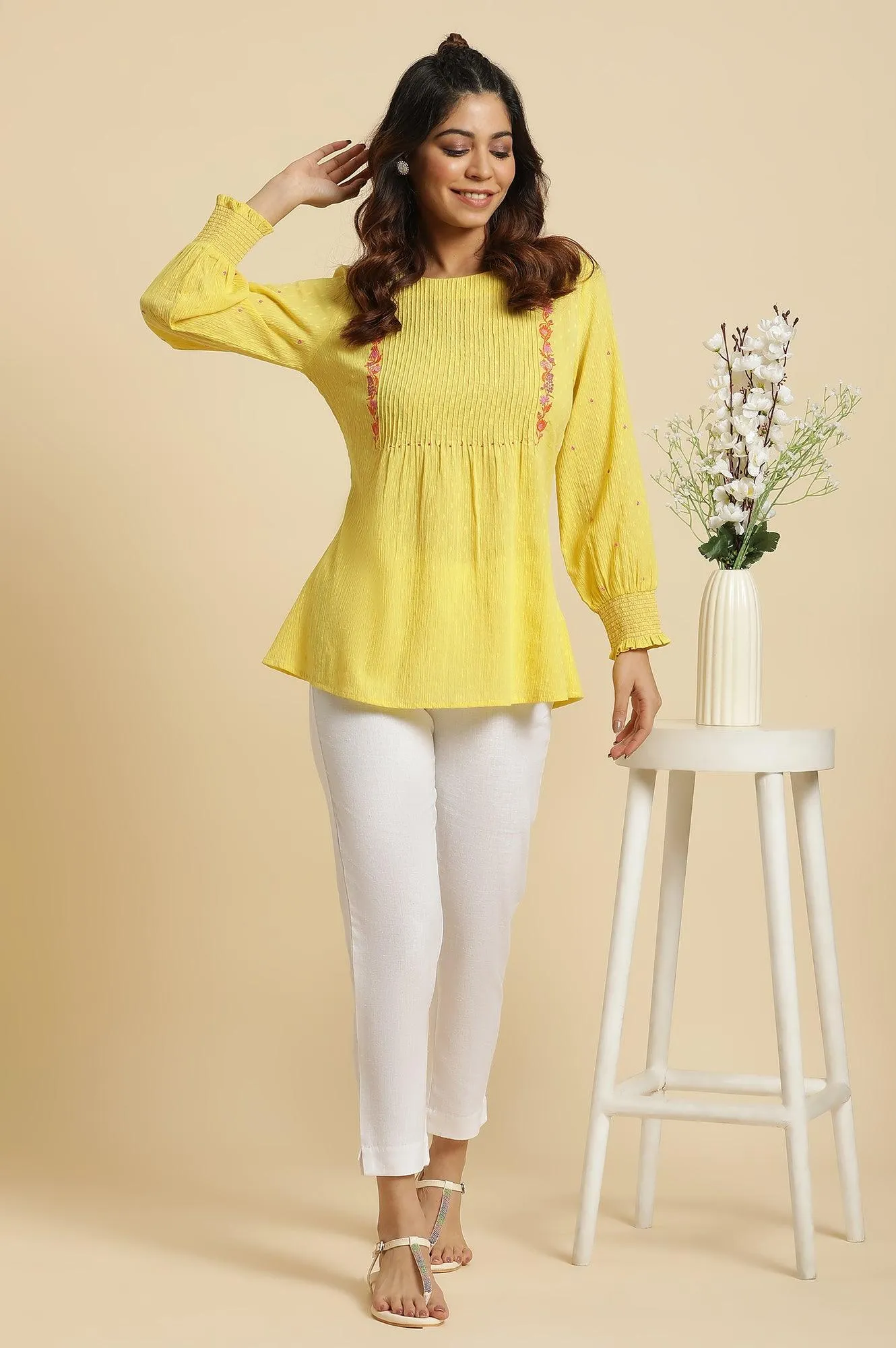 Yellow Embroidered Pintuck Top