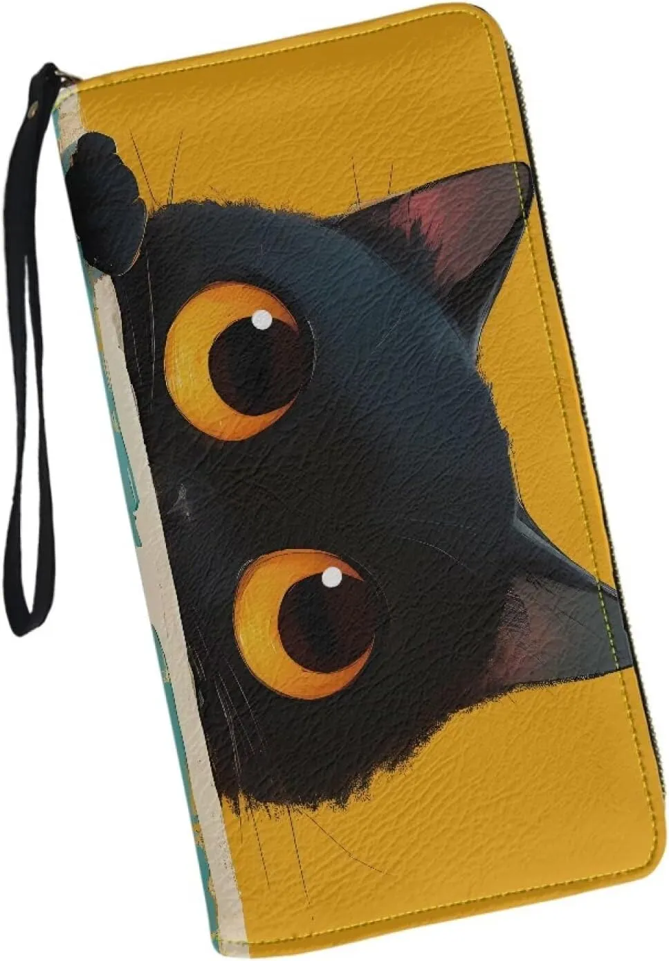 Zipper Wristlet Wallet with Cute Big Eyes Black Cat Pattern PU Leather Zip Around Long Clutch Purse Phone Holder Card Holder Organizer Large Capacity Coin Pocket for Shopping,Dating,Travel