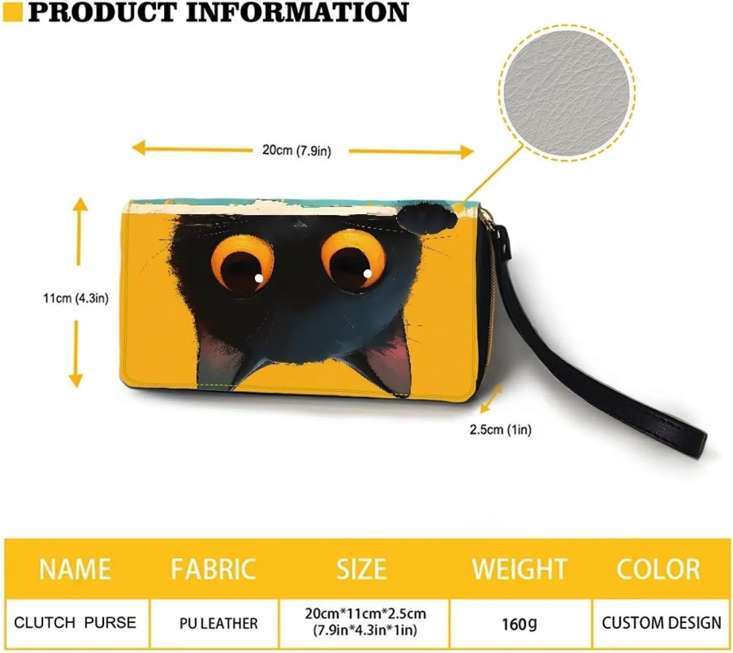Zipper Wristlet Wallet with Cute Big Eyes Black Cat Pattern PU Leather Zip Around Long Clutch Purse Phone Holder Card Holder Organizer Large Capacity Coin Pocket for Shopping,Dating,Travel