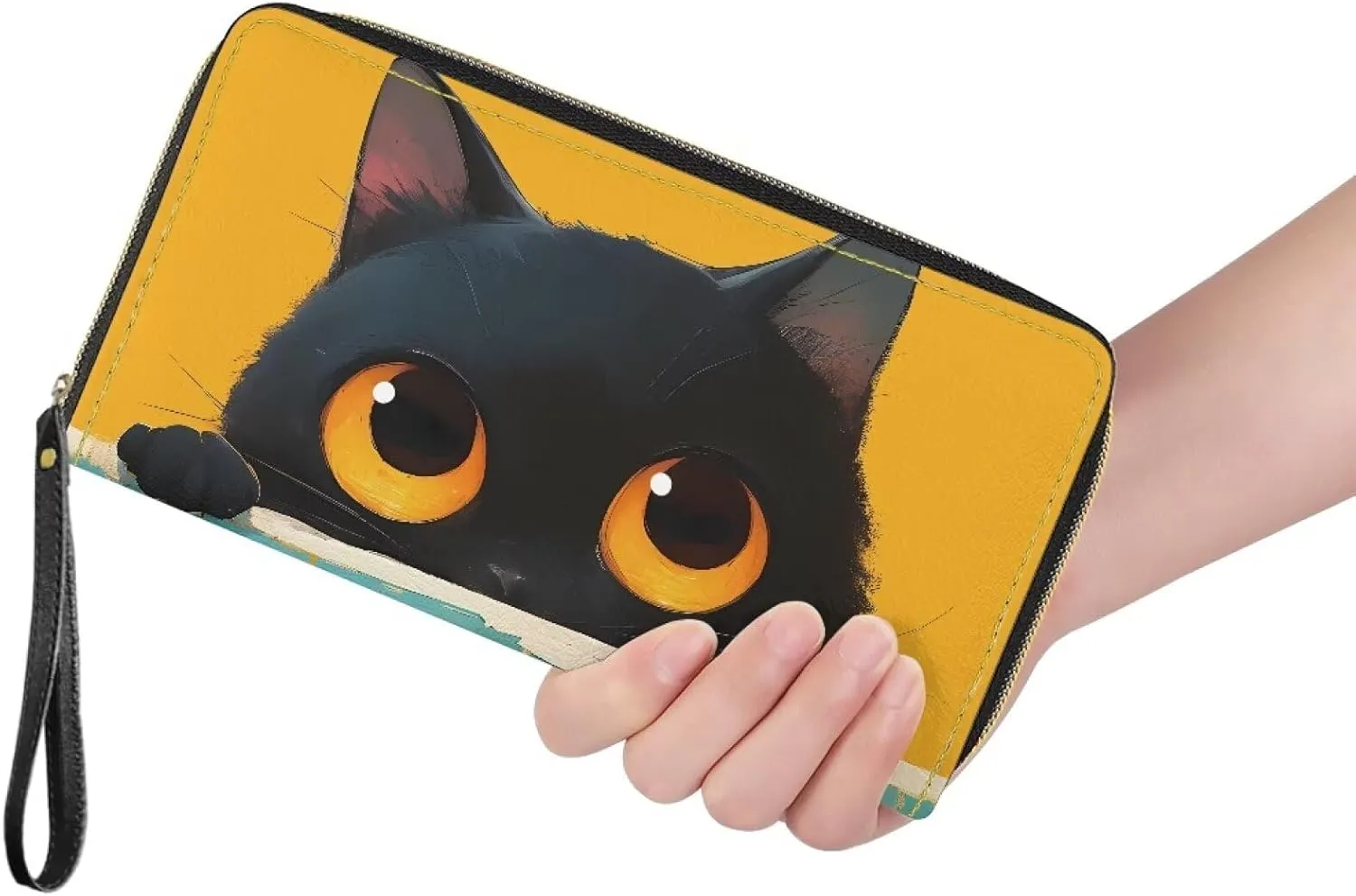 Zipper Wristlet Wallet with Cute Big Eyes Black Cat Pattern PU Leather Zip Around Long Clutch Purse Phone Holder Card Holder Organizer Large Capacity Coin Pocket for Shopping,Dating,Travel