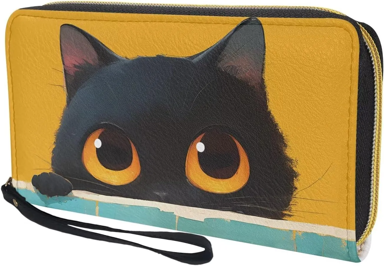 Zipper Wristlet Wallet with Cute Big Eyes Black Cat Pattern PU Leather Zip Around Long Clutch Purse Phone Holder Card Holder Organizer Large Capacity Coin Pocket for Shopping,Dating,Travel