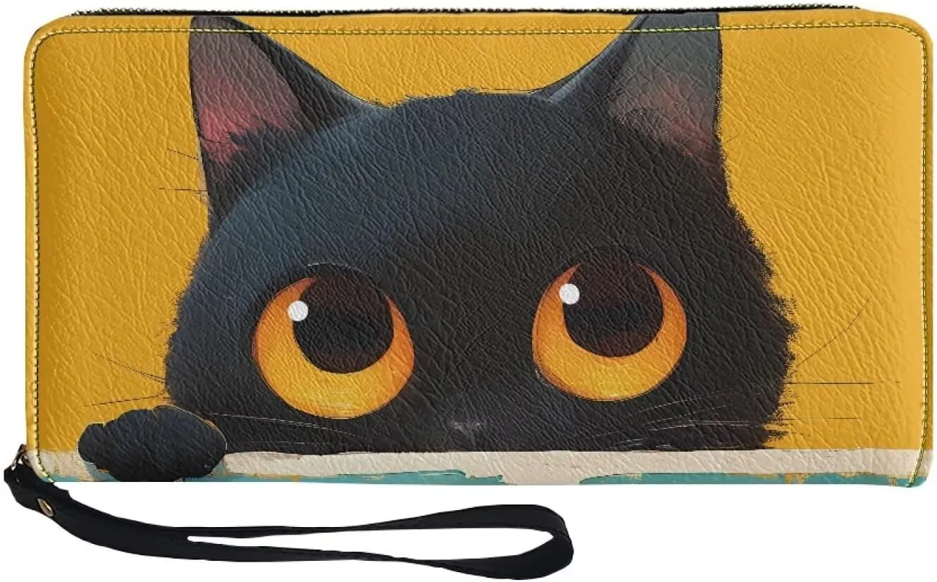 Zipper Wristlet Wallet with Cute Big Eyes Black Cat Pattern PU Leather Zip Around Long Clutch Purse Phone Holder Card Holder Organizer Large Capacity Coin Pocket for Shopping,Dating,Travel