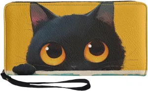 Zipper Wristlet Wallet with Cute Big Eyes Black Cat Pattern PU Leather Zip Around Long Clutch Purse Phone Holder Card Holder Organizer Large Capacity Coin Pocket for Shopping,Dating,Travel